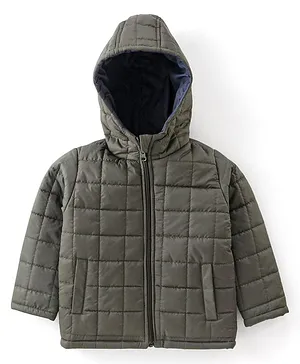 Babyhug Woven Full Sleeves Solid Color Reversible Hooded Jacket - Olive Green & Navy Blue