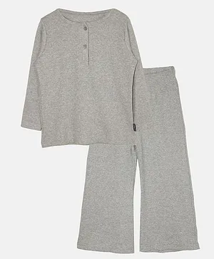Kiddopanti Full Sleeves Ribbed Coordinating Tee & Pyjama Night Set - Grey Melange