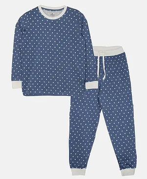 Kiddopanti Full Sleeves Mini Polka Dots Printed Coordinating Tee & Joggers Night Set - Navy Blue