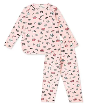 Earth Conscious Pure Cotton Full Sleeves Abstract  Printed Night Suit -  Peach