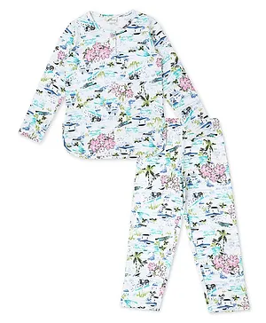 Earth Conscious Cotton Knit Full Sleeves Floral Printed Night Suit - White