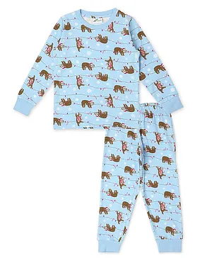 Earth Conscious Pure Cotton Full Sleeves Animal  Printed Night Suit  -Sky Blue