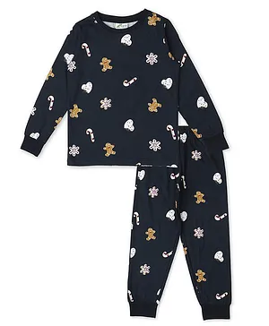 Earth Conscious Pure Cotton Christmas Theme Full Sleeves Snowflakes Printed Night Suit - Navy Blue