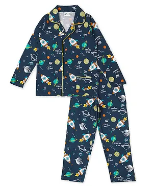 Earth Conscious Pure Cotton Full Sleeves Space Theme Printed  Night Suit - Navy Blue
