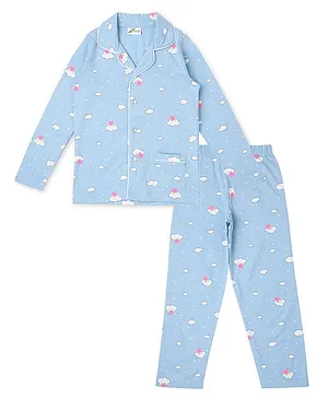 Earth Conscious Pure Cotton Full Sleeves Cloud Printed Night Suit - Sky Blue