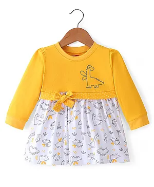 Babyhug 100% Cotton Single Jersey Knit Full Sleeves Frock Dino Print - Yellow