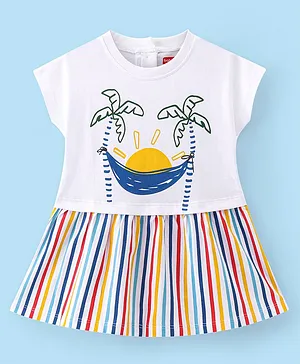 Babyhug 100% Cotton Knit Single Jersey Half Sleeves Frock With Striped & Tropical Print - Multicolour