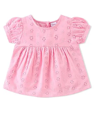 Babyhug Half Sleeves Schiffli Woven Top with Embroidery Detailing - Pink