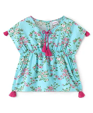 Babyhug 100% Woven Half Sleeves Kaftan Top with Floral Print & Tassel Detailing - Blue