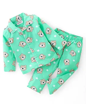 Babyhug Cotton Poplin Woven Full Sleeves Night Suit Bear Print - Green