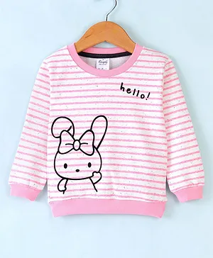Simply Fleece Knit Full Sleeves Winterwear T-Shirt Striped & Kitty Print- Pink