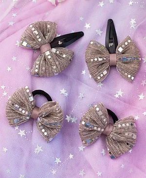Ribbon candy Set Of 4 Glitter Embellished Bow Tic Tac Clips & Rubber Band -  Brown