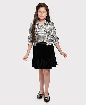 Tiny Baby Satin Three Fourth Sleeves Abstract Printed Top With Coordinating Jacket & Skirt Set - Black