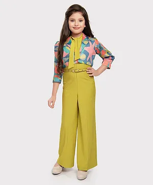 Tiny Baby Polyester  Three Fourth Sleeves Solid  Jumpsuit  With Coloured Abstract Pattern Printed Jacket & Belt - Yellow