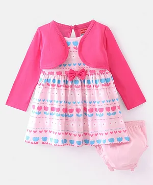 Babyhug 100% Cotton Knit Full Sleeves Floral Print & Bow Applique Frocks with Bloomer - Pink