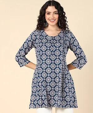 Zelena Three Fourth Sleeves Geometric Floral Printed  Maternity Top With Pocket & Concealed Zipper Nursing Access - Blue