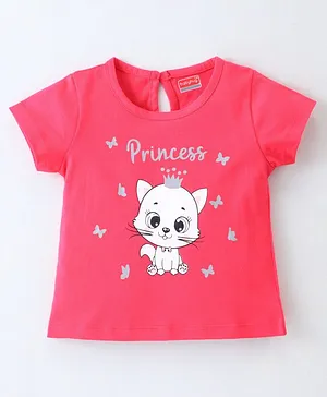 Babyhug Cotton Knit Half Sleeves Kitty Print T-Shirt - Pink