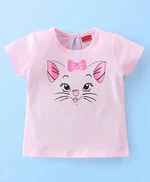 Babyhug Cotton Knit Half Sleeves Kitty Print T-Shirt - Light Pink