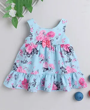 Many frocks & Sleeveless Floral Printed & Bow Detailed Tiered Dress - Blue & Pink