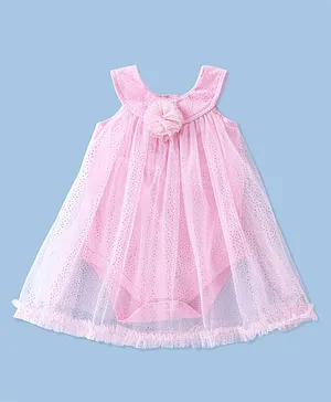 Babyhug Cotton Knit Sleeveless Foil Printed with Floral Detailing Party Wear Frock Style Onesie - Pink