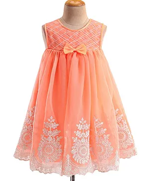 Babyhug Sleeveless Floral Embroidered Aline Party Dress with Bow - Coral