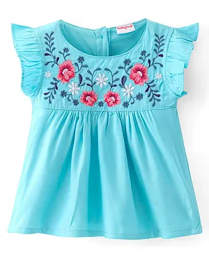 Babyhug Rayon Woven Frill Sleeves Top Floral Embroidery- Blue