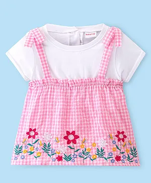 Babyhug Seer Sucker Woven Half Sleeves Checks Top Floral Embroidery- Pink & White