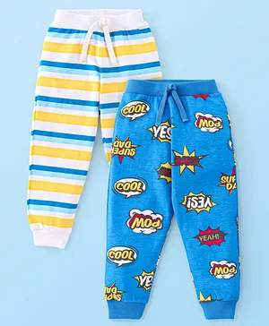 Babyhug Cotton Full Length Lounge Pants Striped & Text Printed Pack  of 2 - Blue & Yellow