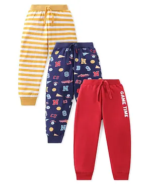Babyhug Cotton Full Length Lounge Pants Striped & Text Printed Pack of 3 - Blue Yellow & Red
