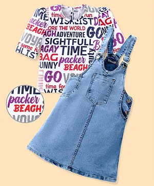 Ollington St. 100% Cotton Full Sleeves Top & Denim Frock With Text Print - White & Blue