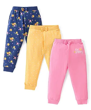 Babyhug Cotton Full Length Lounge Pants with Floral Print  & Bow Applique Pack of 3 - Pink Yellow & Blue