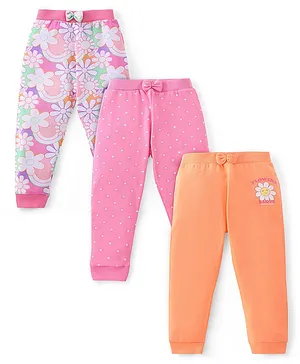 Babyhug Cotton Full Length Lounge Pants Floral Printed Pack of 3 - Pink & Orange