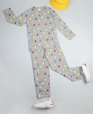 RAINE AND JAINE Full Sleeves Polka Dots Printed Coordinating Tee & Pajama Set - Grey