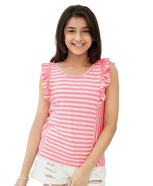 Olele Frill Sleeves Candy Striped Cotton Tee - Pink