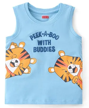 Babyhug 100% Cotton Knit Sleeveless T-Shirt with Puff Print and Tiger Graphics - Blue
