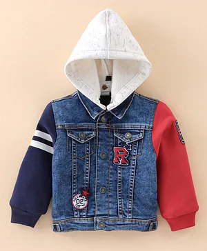 RUFF Woven Full Sleeves Hooded Denim Jacket with Text Embroidery - Blue