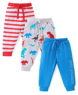 Babyhug Cotton Jersey Knit Full Length Lounge Pants Striped & Dino Print Pack of 3 - Multicolor