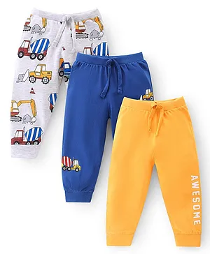 Babyhug Cotton Jersey Knit Full Length Lounge Pant Truck & Text Print Pack of 3 - Blue White & Yellow