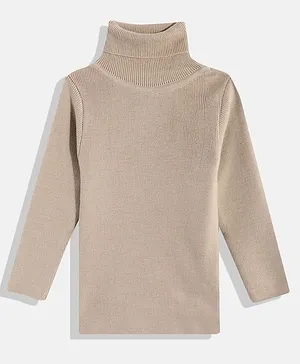 RVK Full Sleeves Solid Ribbed High Neck Skivi Sweater -Beige