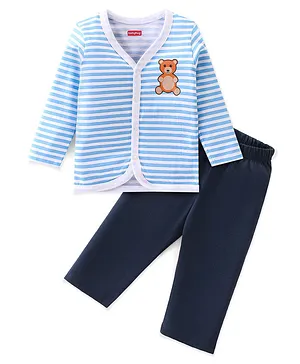 Babyhug 100% Cotton Single Jersey Knit Full Sleeves T-Shirt and Lounge Pant Stripes & Bear Print - Light Blue