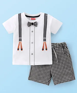 Babyhug 100% Cotton Knit Single Jersey Half Sleeves T-Shirt & Shorts Suspender Print - White & Blue