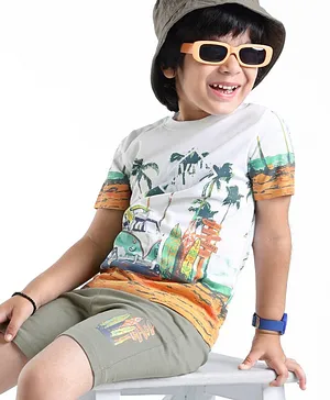 Babyhug 100% Cotton Knit Single Jersey Half Sleeves T-Shirt & Shorts Beach Theme Print - Green & White