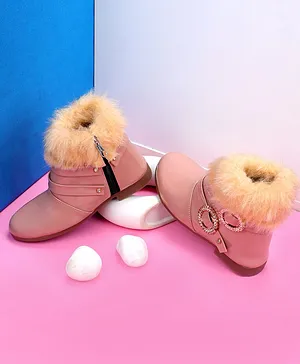Tiny Bugs Stone Detailed Buckle & Fur Embellished Zipper Boots - Peach