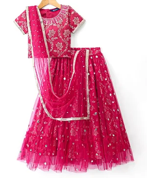 Pine Kids Woven Half Sleeves Choli Lahenga Set with Dupatta Floral Print - Pink