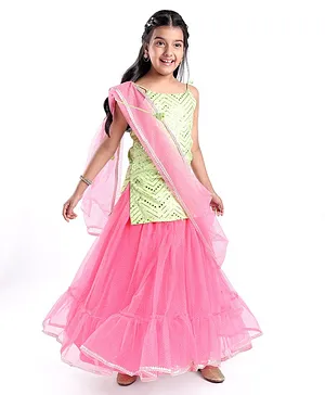 Pine Kids Woven Sleeveless Choli Lahenga & Dupatata With Mirror & Sequin Design - Green & Pink