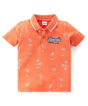 Babyhug 100% Cotton Knit Half Sleeves Polo T-Shirt Palm Tree Print - Orange