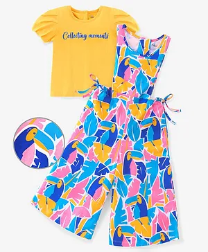 Ollington St. 100% Cotton Knit Bird Printed Dungaree And Half Sleeves Inner Tee - Yellow & Multicolor