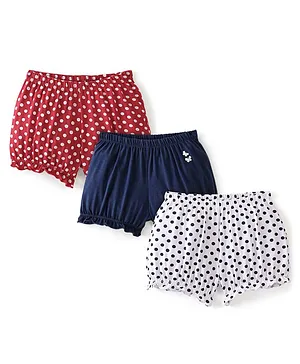 Pine Kids Cotton Lycra Knit Bloomers Polka Dot & Butterfly Print Pack of 3 - Blue Red & White