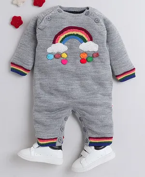 Yellow Apple Cotton Full Sleeves Romper With Rainbow Design - Grey