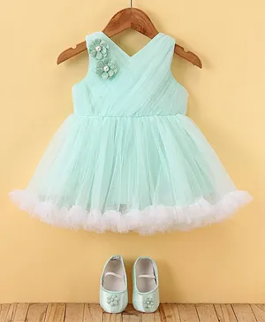Bluebell Net DC Sleeveless Party Frock With Booties & Floral Applique - Green